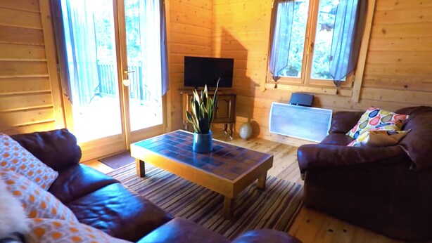 Interior acogedor de una cabaña con piso de madera, un sofá, una mesa de centro, un televisor y una ventana con cortinas.