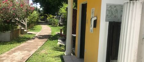 A pathway leading to a building with a yellow facade and white columns.