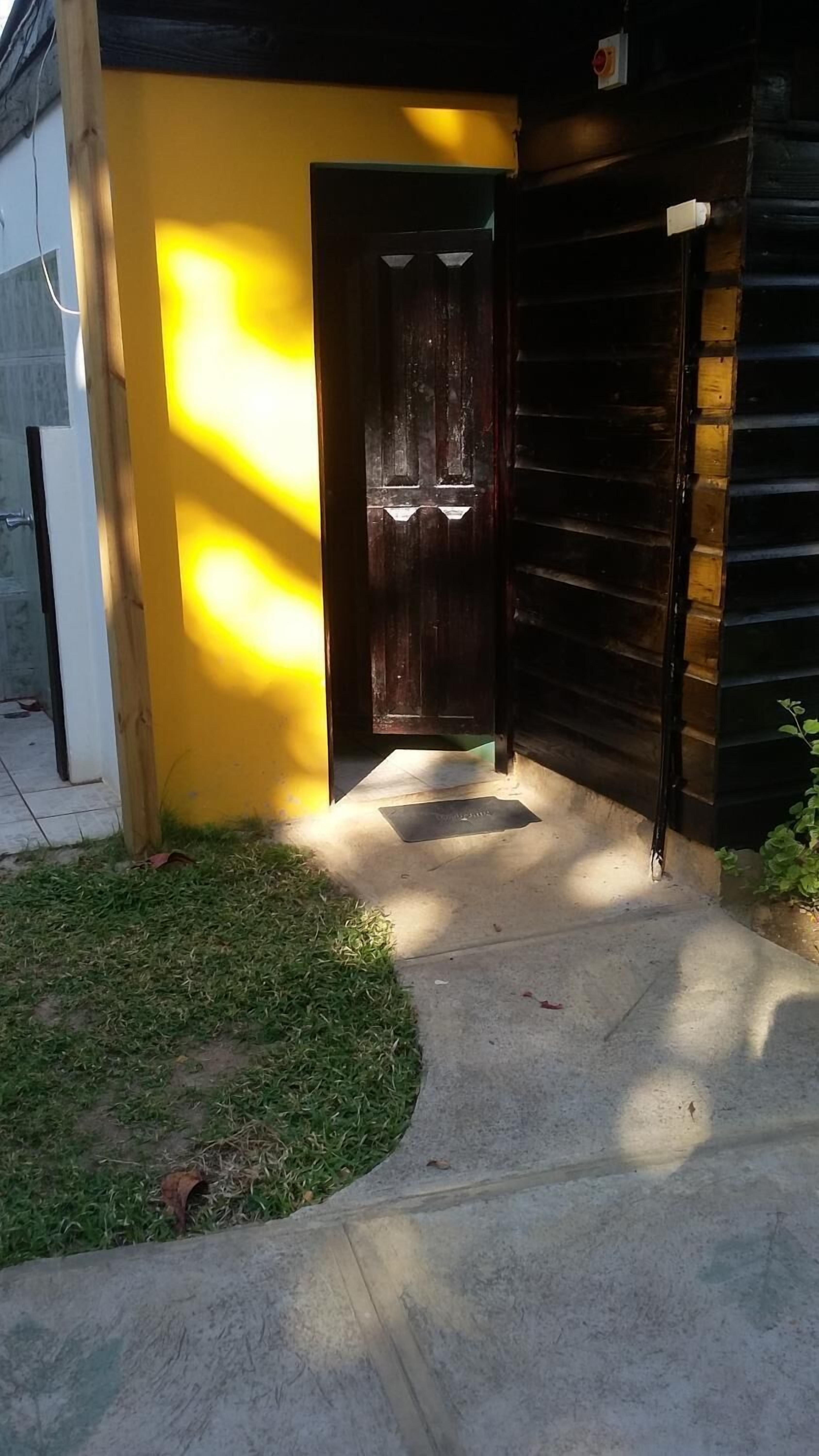 A wooden door with a dark brown finish, a yellow wall to the left, and a concrete pathway leading to the door.