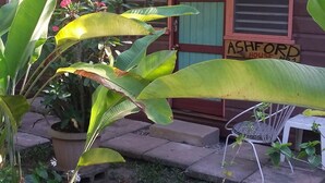 A house named "ASHFORD HOUSE" with a wooden exterior, a green door, and a signboard. There are potted plants and flowers in the garden area. - Secret Cabins at Firefly Beach (Negril)