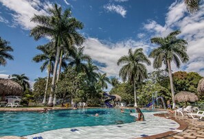A swimming pool surrounded by palm trees and lounge chairs.