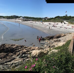 A beach with people walking and relaxing. There are rocks and plants near the water. - Beautiful home/neighborhood, near mansions, beach, Cliff Walk, town, 30 day min (Newport)