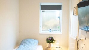 Una habitación pequeña y luminosa con una cama individual, una mesita con una planta, un televisor montado en la pared y una ventana que deja entrar luz natural.