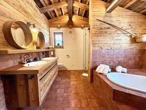 Combined shower/tub, hair dryer, towels, soap