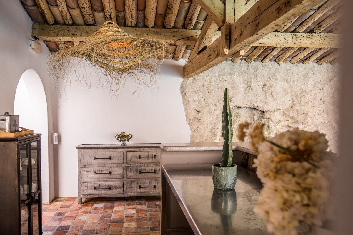 Un interior rústico con techo de madera, pared de piedra, un mueble de madera y una planta de cactus.