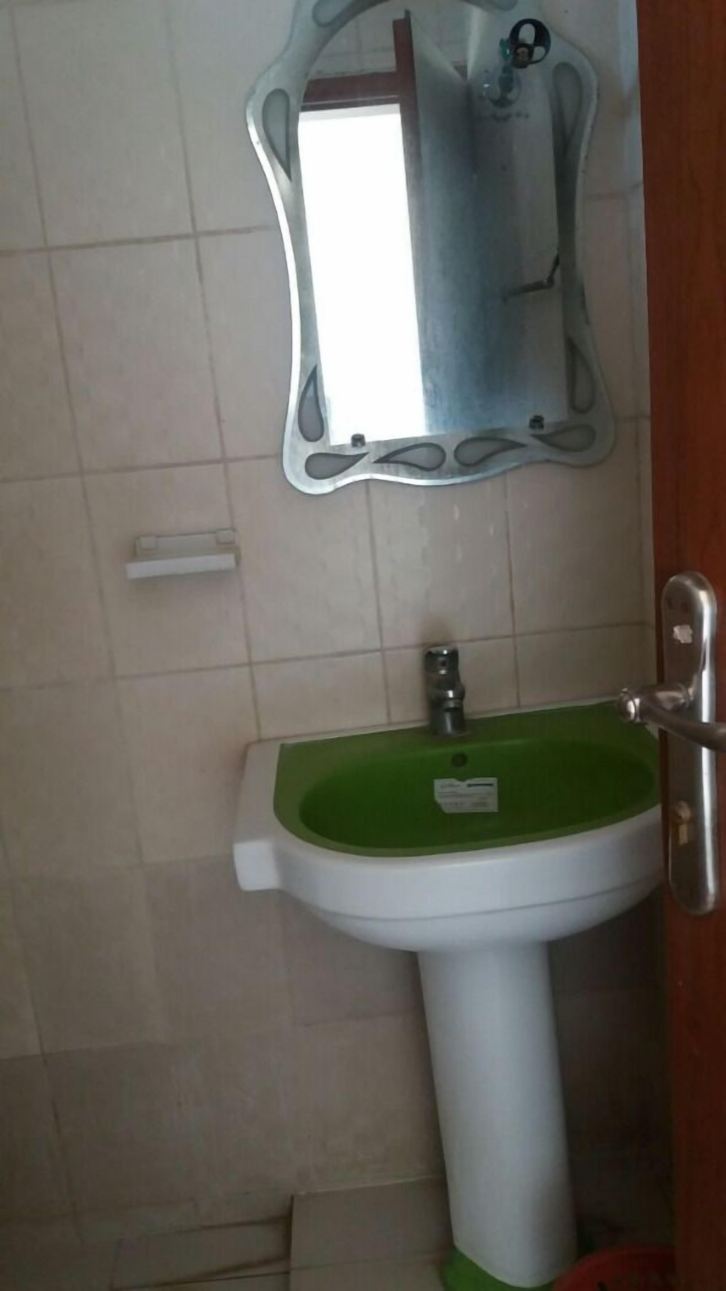 A bathroom with a white pedestal sink, a green basin, and a wall-mounted mirror with a decorative frame.