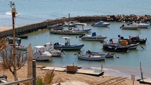Uma marina com vários barcos pequenos atracados, uma praia de areia e um molhe rochoso.