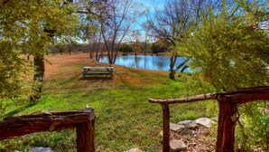 A park with a lake, a bench, and a wooden fence. - Mesquite Creek Farmhouse (New Braunfels)