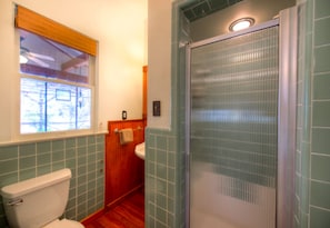 A bathroom with a toilet, a sink, and a shower enclosure.
