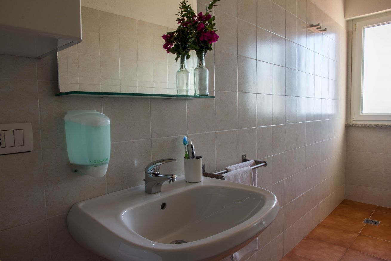 Ein Badezimmer mit einem weißen Waschbecken, einer Glasablage mit Vasen und einer Handseifenspender.