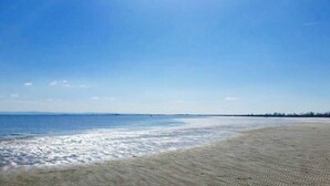 Ein Strand mit blauem Himmel und ruhiger See.