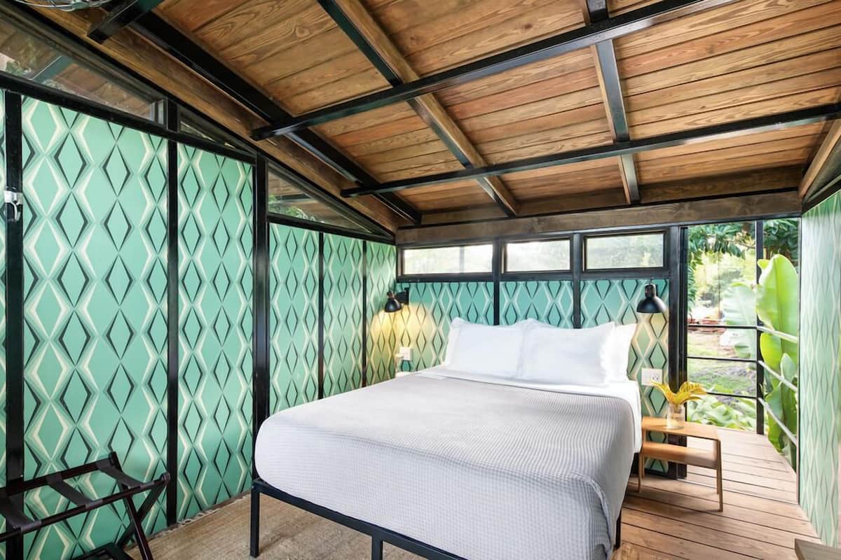 A bedroom with a bed, a nightstand, a chair, and a window with a view of greenery.