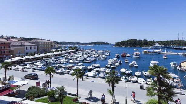 A marina with numerous boats docked, surrounded by buildings and palm trees.