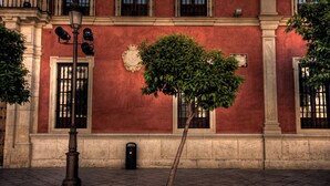 Fachada de un edificio con una pared roja, un árbol en primer plano y una farola.