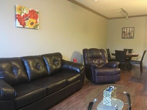 Flat-screen TV, fireplace