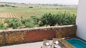 A terrace with a stone wall, a pool, and a view of vineyards. - Self catering Les Orenetes for 11 people (Sant Jaume dels Domenys)