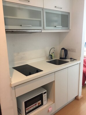 Kühlschrank, Mikrowelle, Herdplatte, Kochgeschirr/Geschirr/Besteck