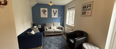 A living room with a blue accent wall, a grey sofa, a black leather chair, and a patterned rug.