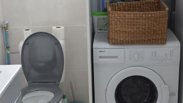Hair dryer, towels, toilet paper