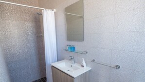 Een moderne badkamer met een douche, een wastafel en een spiegel.
