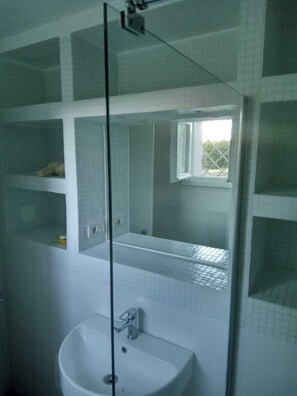 シャワー、ヘアドライヤー、タオル、トイレットペーパー
