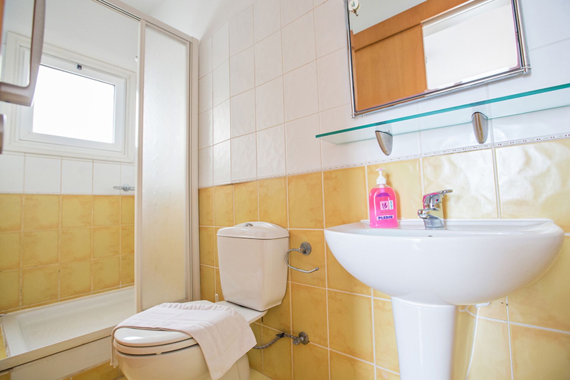Een badkamer met toilet, wastafel en douche.