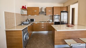 Una cocina moderna con armarios de madera, electrodomésticos de acero inoxidable y lavadora integrada.
