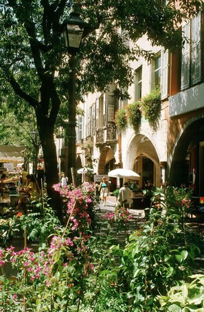A courtyard with a tree, outdoor seating, and buildings with balconies. - Beautiful guest house 60 M², 3*, in a quiet place with trees, closed property (Grasse)
