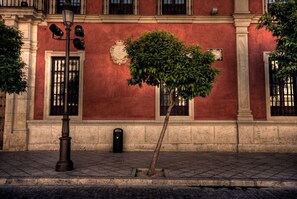 A building facade with a red wall, a tree in front, and a street lamp.