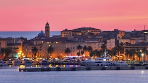 A marina with boats, a prominent tower, and buildings with palm trees.
