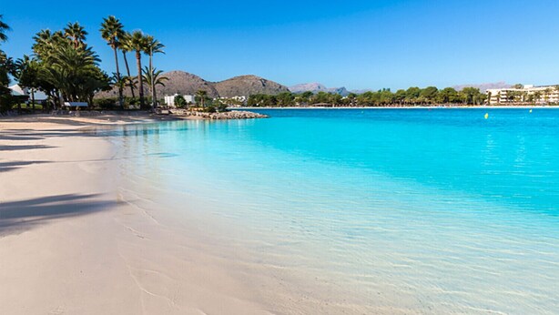 Une plage bordée d’une eau turquoise et limpide, avec des palmiers et des montagnes en toile de fond.