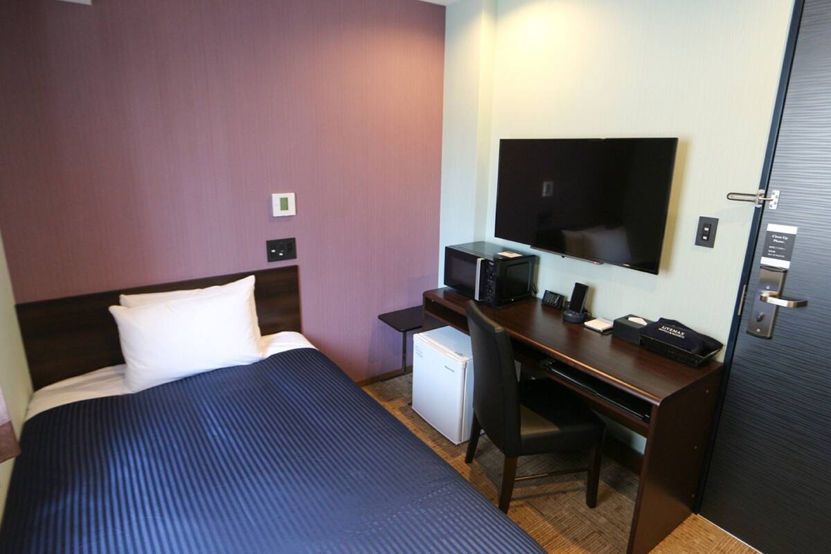 A hotel room with a bed, a desk, a television, and a minibar.