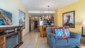 Smart TV, fireplace, DVD player, books