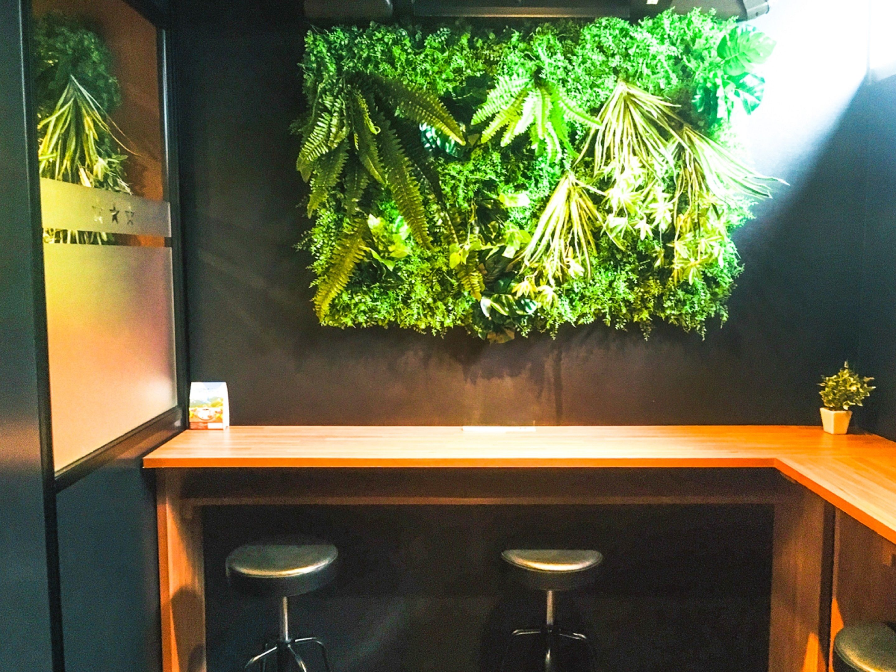 A bar area with a green wall decoration, two stools, and a small potted plant.