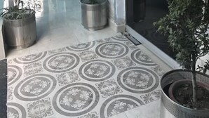 A reception area with a tiled floor, potted plants, and a glass door with "RECEPTION" written on it. - National City Hotel (Rawalpindi)