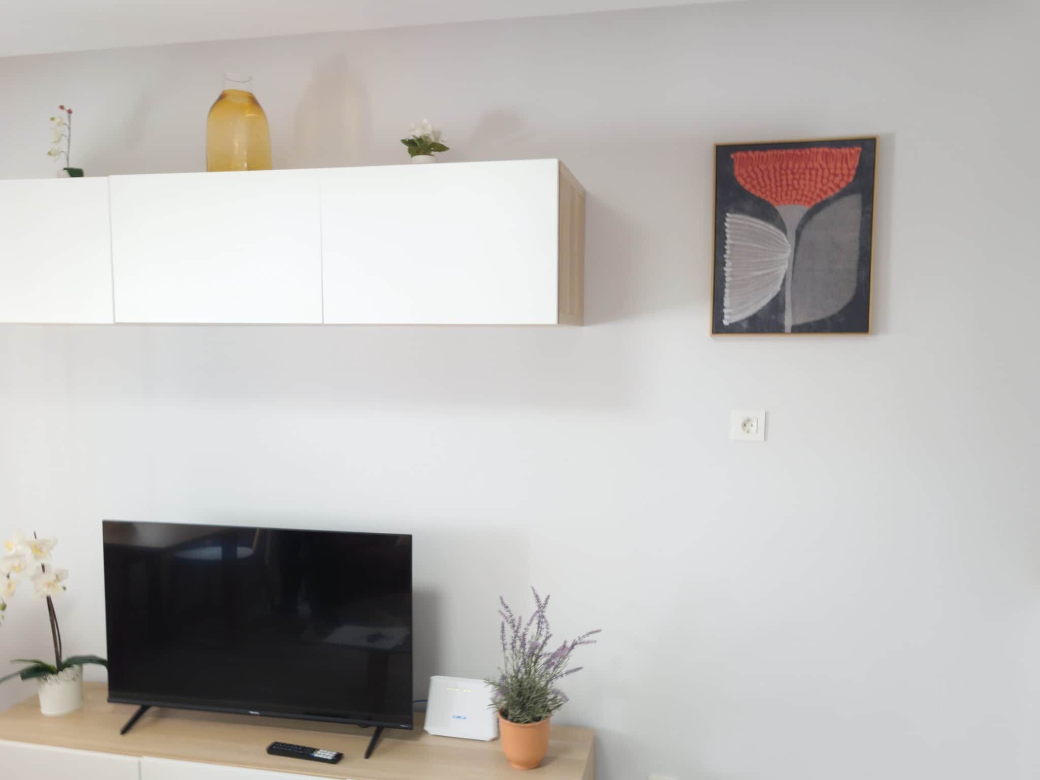 Un televisor de pantalla plana sobre un soporte de madera, un mueble blanco encima y una pequeña planta en maceta al lado del televisor.