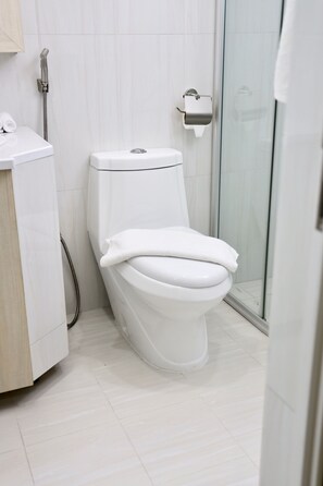 A modern bathroom with a white toilet, a glass shower enclosure, and a wooden vanity. - Clove Beach (Feydhoo)