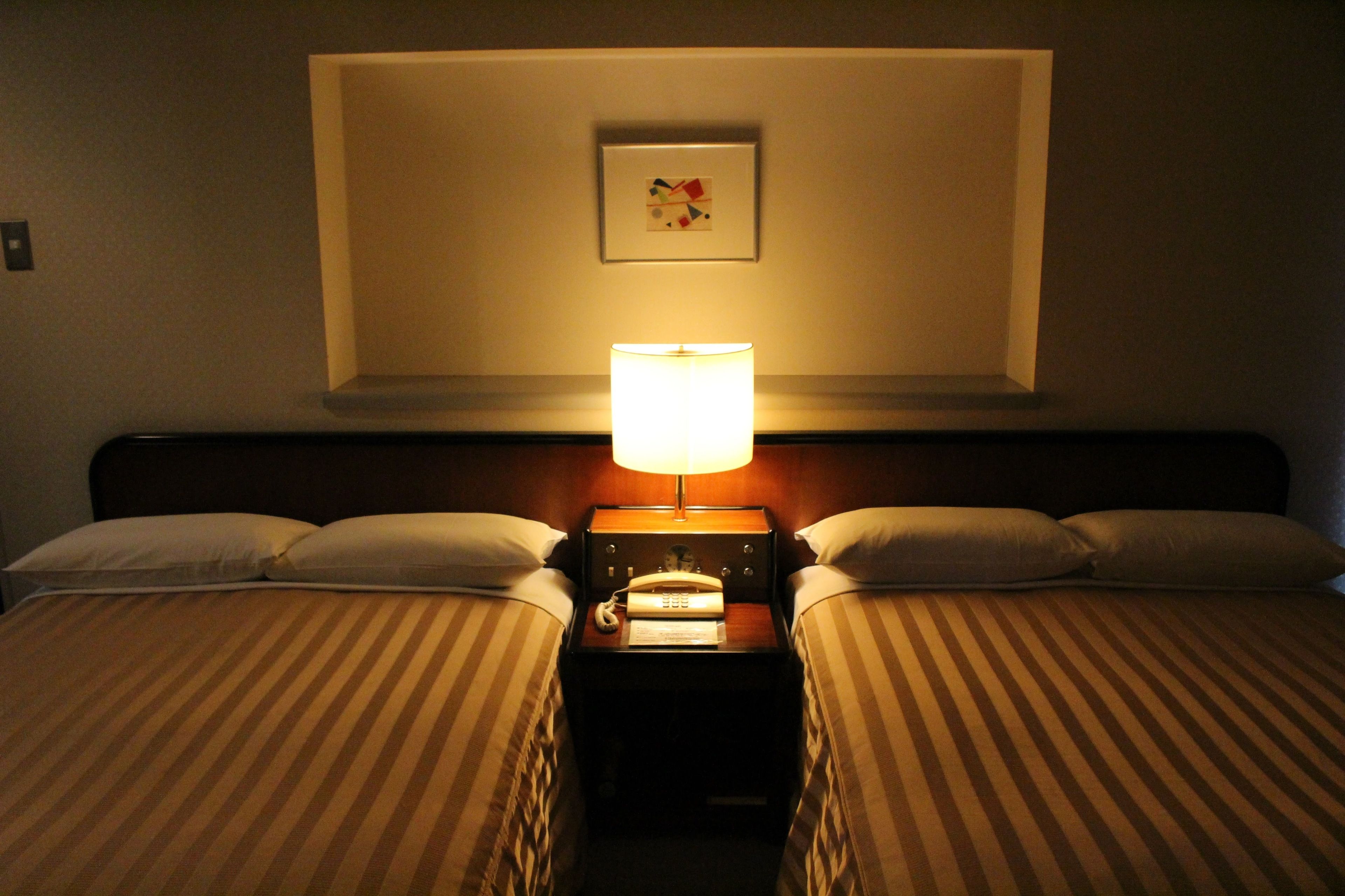A hotel room with two beds, a bedside table with a lamp, a framed picture on the wall, and a telephone on the table.