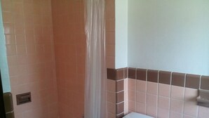 A bathroom with a shower, a toilet, and a sink. - Mountaineer Motel - Standard room (Mt Storm)