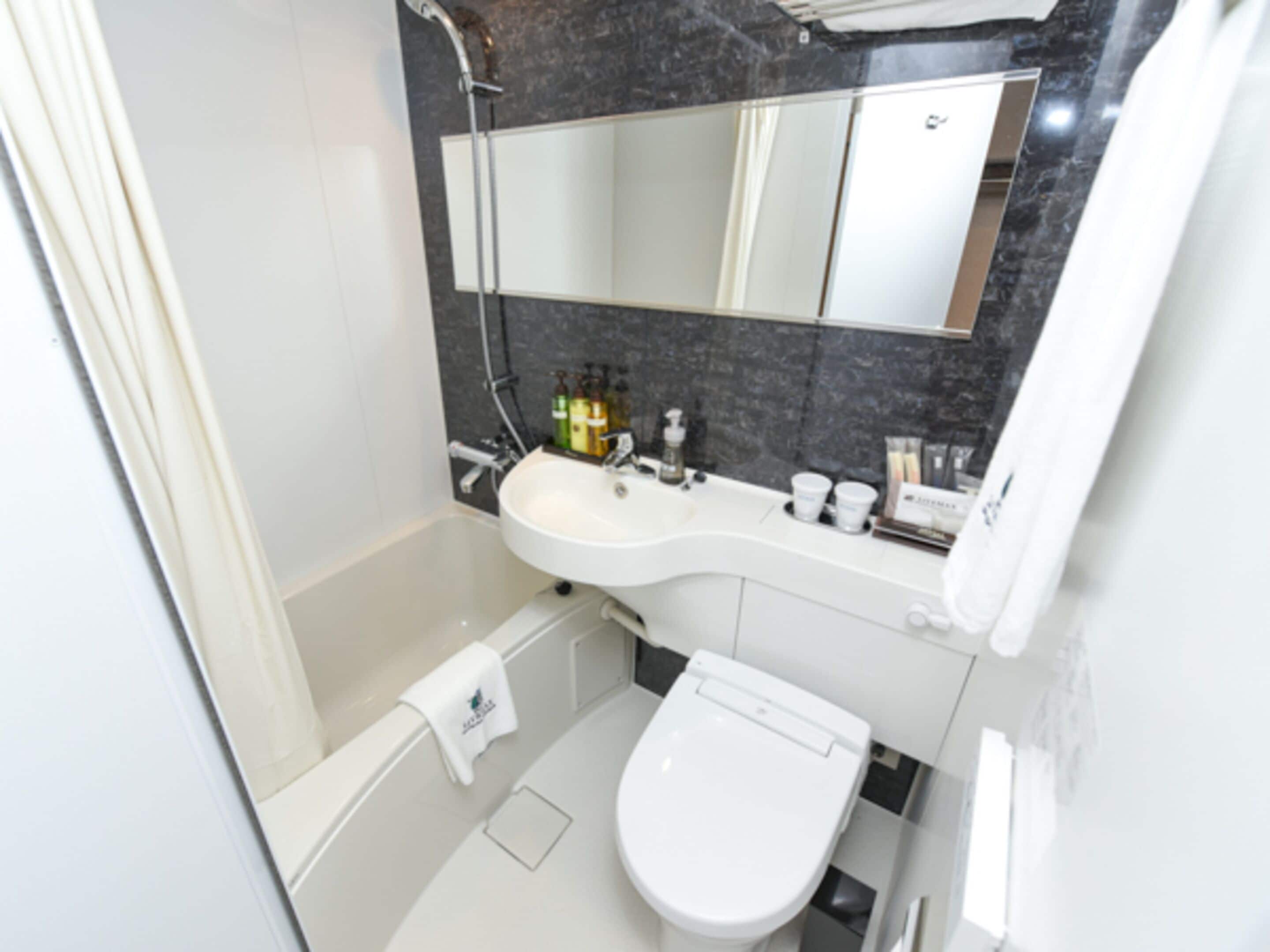 combined shower/bathtub, free toiletries, hair dryer, slippers