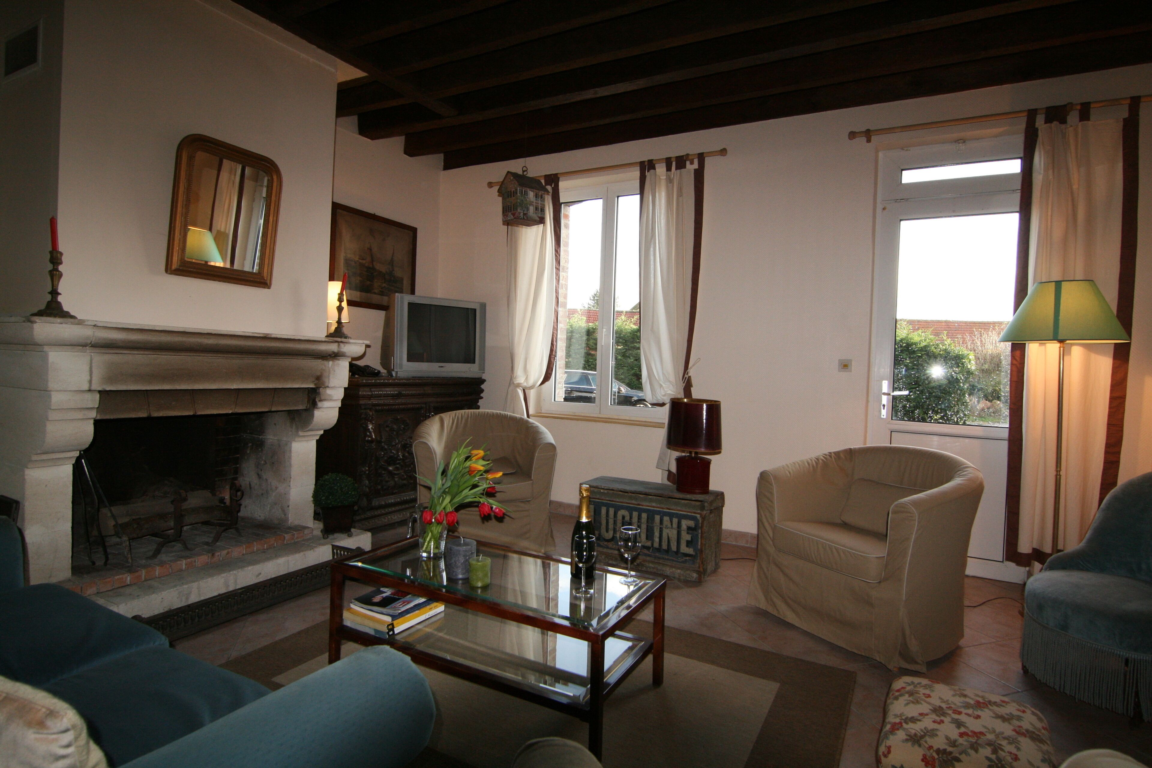 Smart TV, fireplace, books, stereo