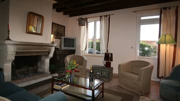 Smart TV, fireplace, books, stereo