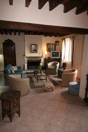 Smart TV, fireplace, books, stereo