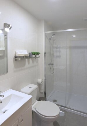Dusche, Haartrockner, Handtücher, Seife