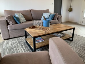 TV, fireplace, books, stereo