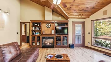Smart TV, fireplace, DVD player, books
