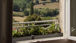 A view from a window with a balcony, overlooking a hilly landscape with trees and open fields.