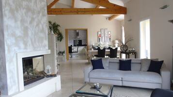 TV, fireplace, DVD player, music library