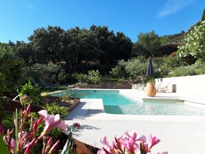 Une piscine bordée d’un mur en pierre et dotée de chaises longues, entourée d’une végétation luxuriante et de plantes en fleurs.
