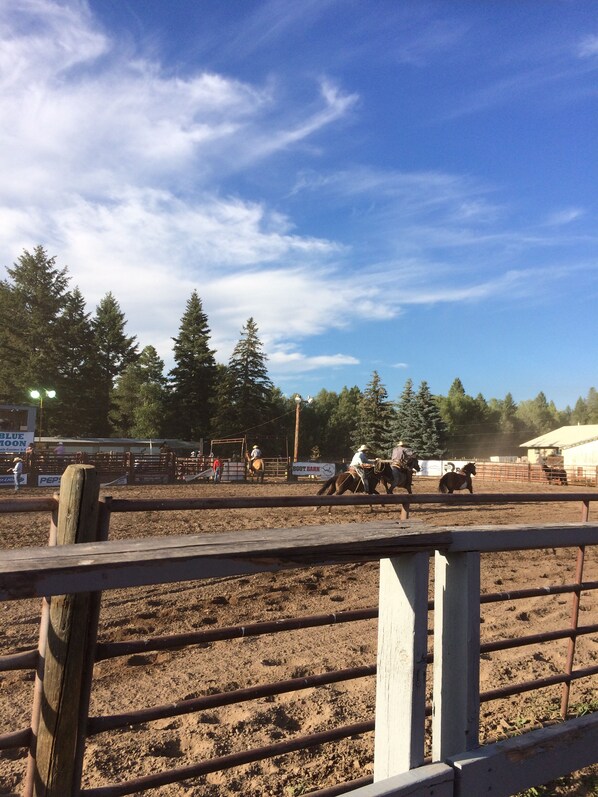 A rodeo arena with a dirt ground, wooden fences, and a clear sky.